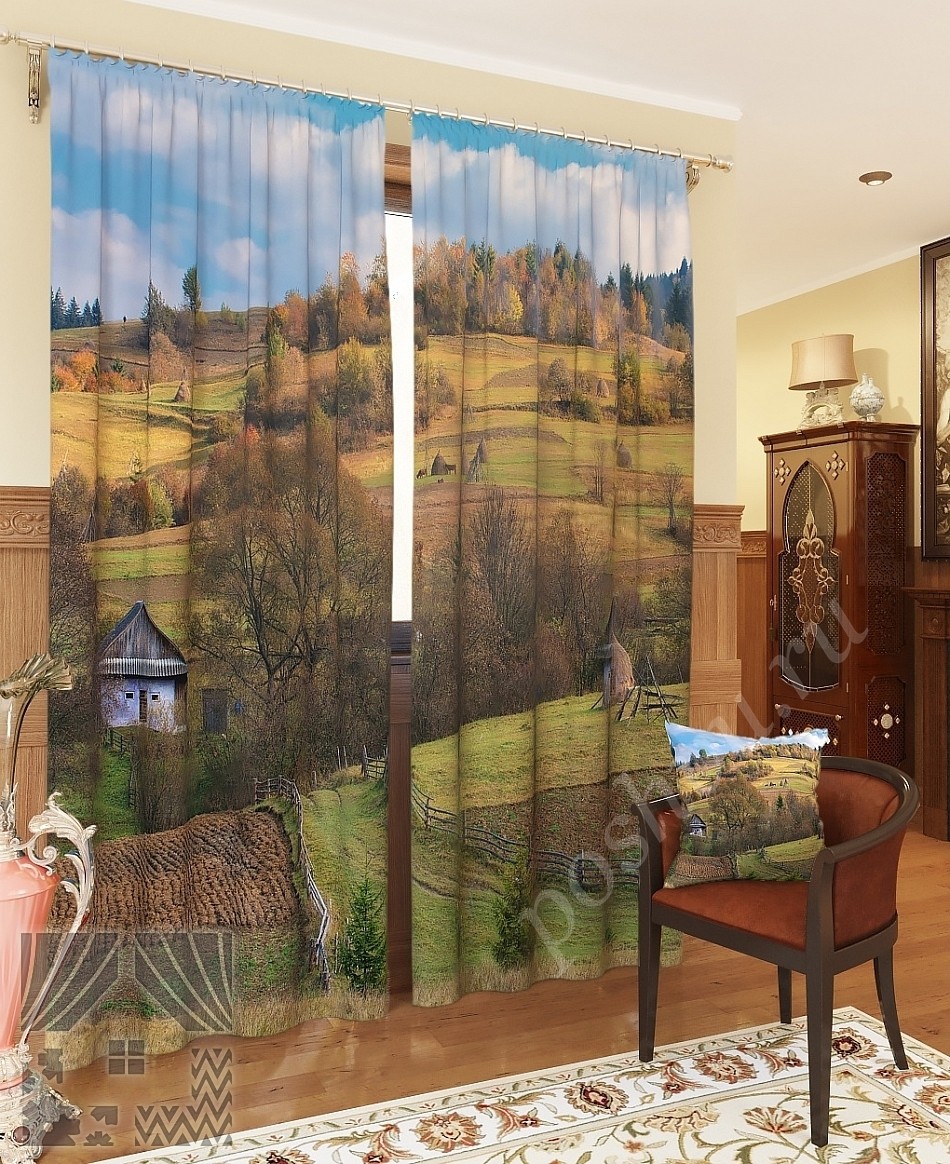 Комплект готовых фото штор с изображением сельского пейзажа для гостиной