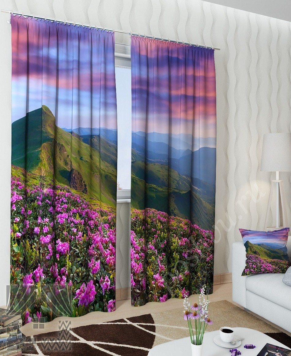 Красочный комплект готовых фото штор с изображением горного пейзажа для гостиной или спальни