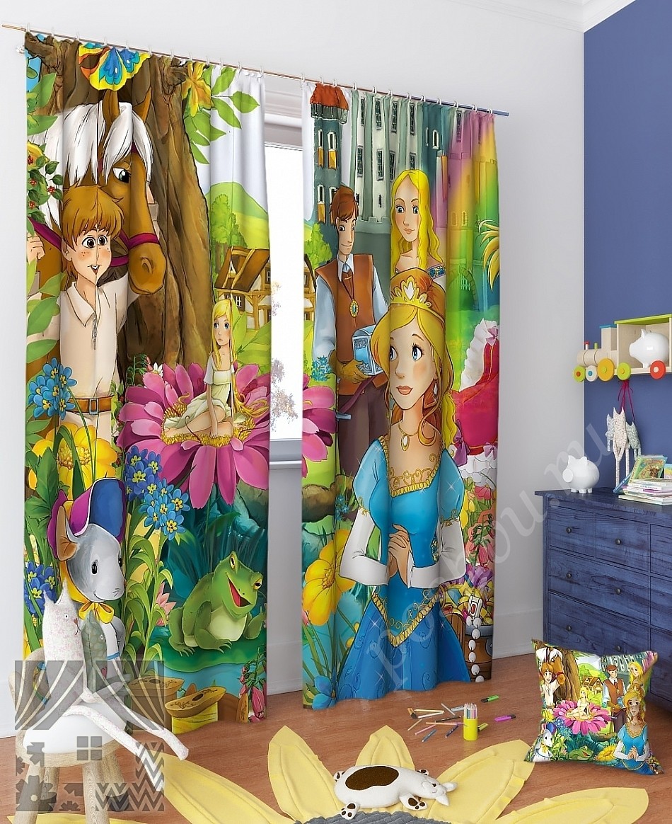 Красочный комплект готовых фото штор с изображением сказочных героев для детской