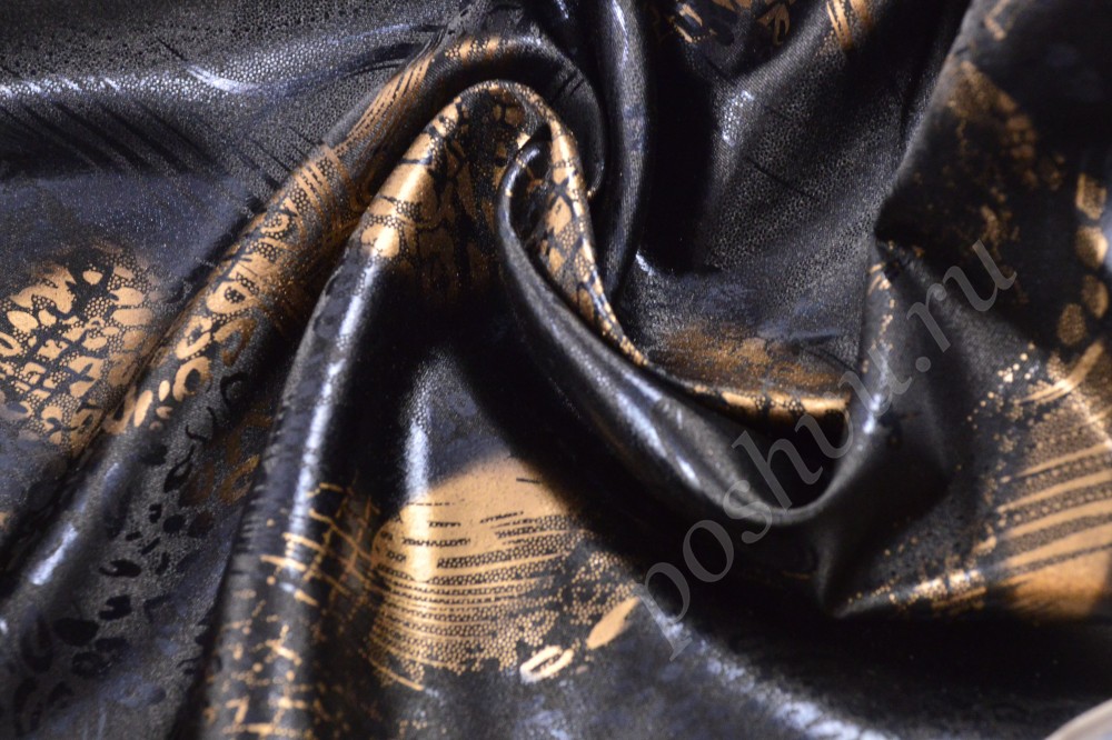 Набивная атласная ткань угольно-черного цвета с золотыми вкраплениями