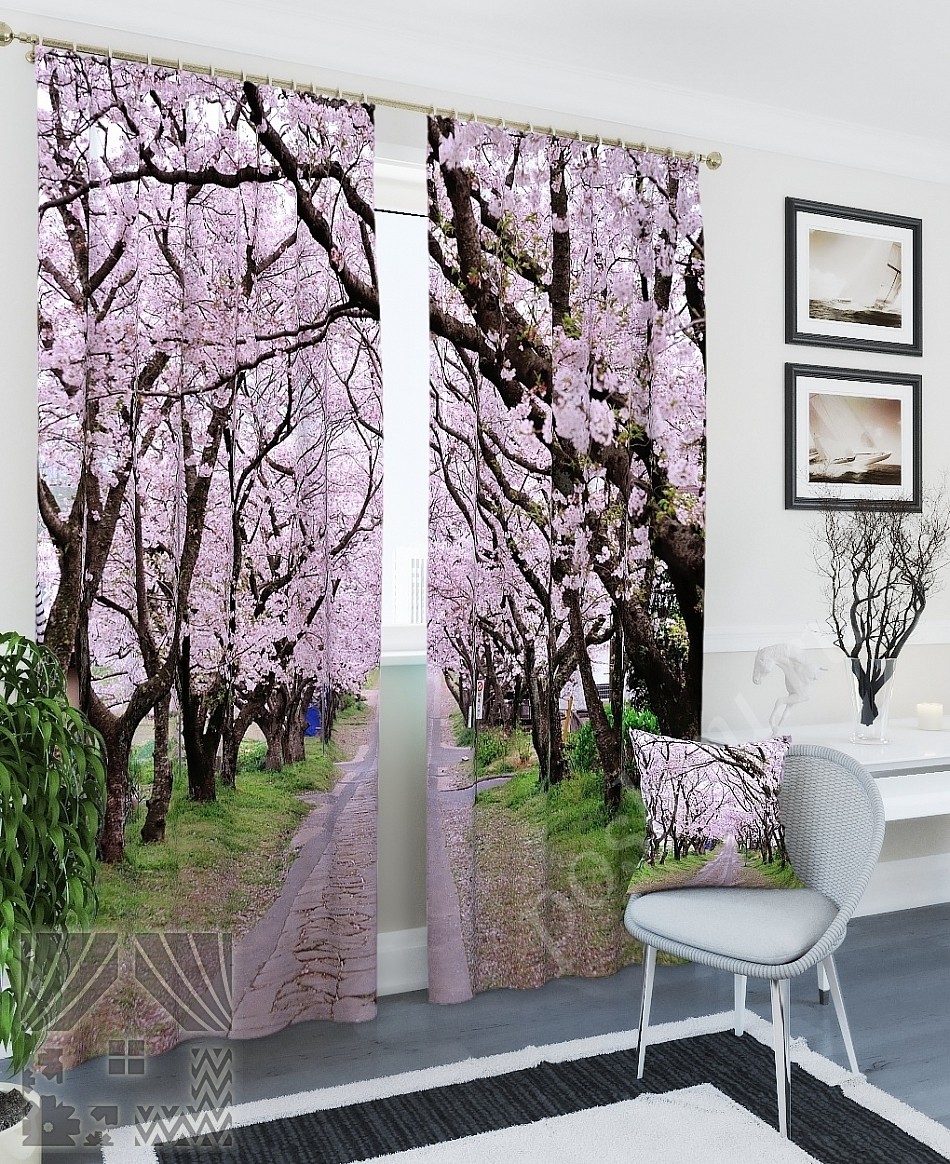 Романтичный комплект готовых фото штор с изображением цветущих деревьев для гостиной
