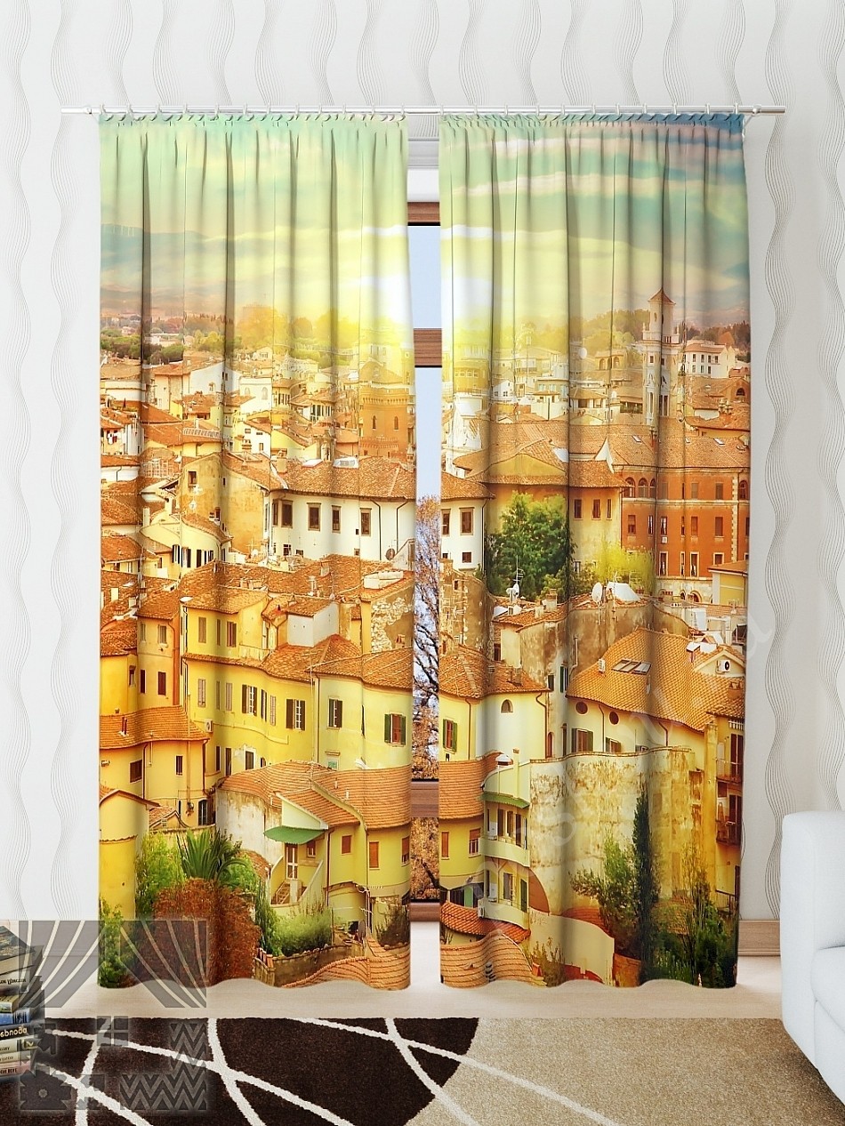 Симпатичный комплект готовых фото штор с изображением городской панорамы для гостиной