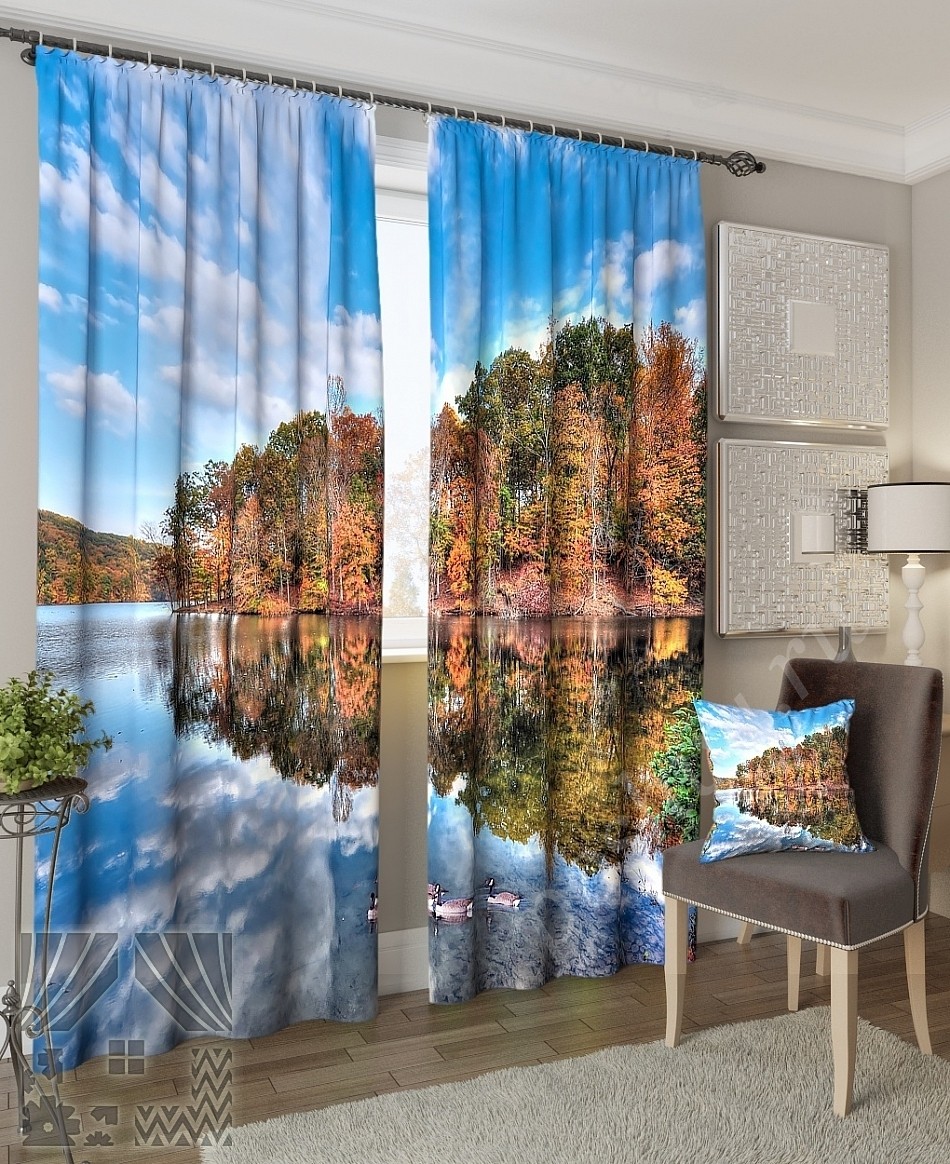 Спокойный комплект готовых фото штор с изображением осеннего леса для спальни