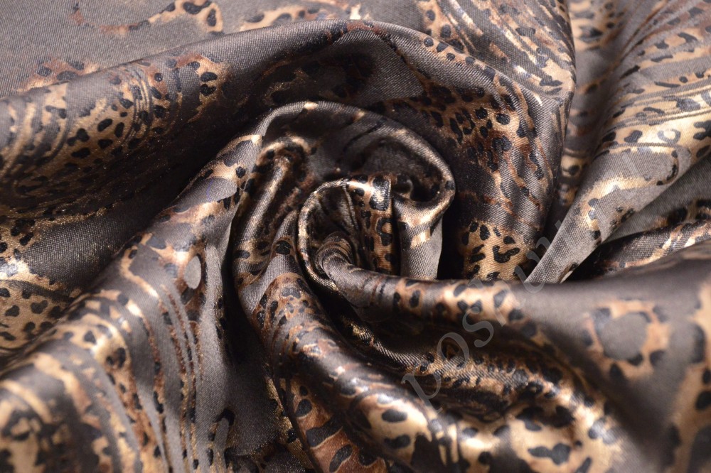 Ткань набивной атлас песочного цвета с диким леопардовым узором