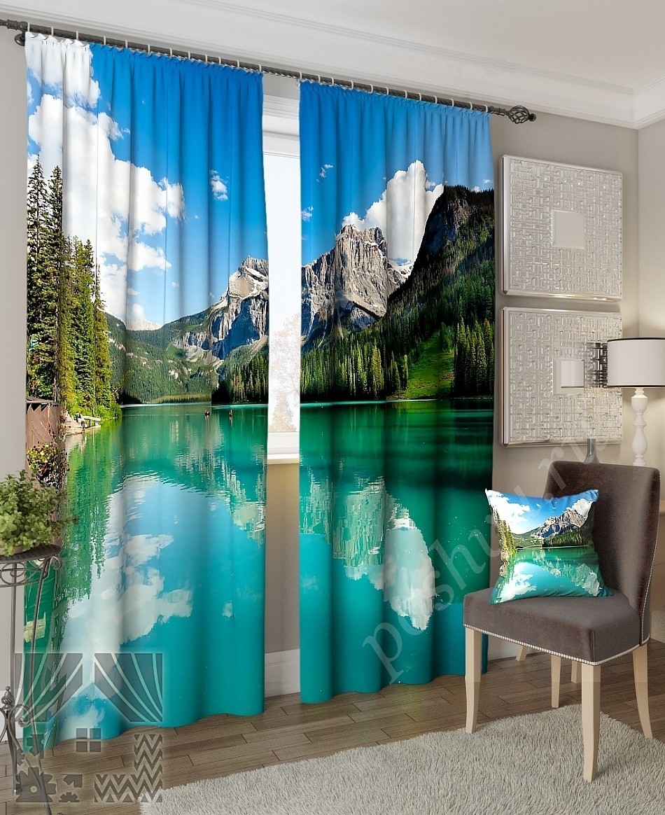 Умиротворяющий комплект готовых фото штор с изображением горного озера для гостиной