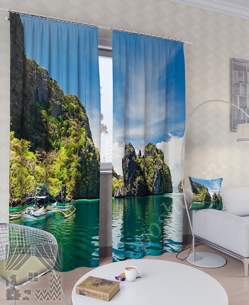 Великолепный комплект готовых фото штор с изображением скалистого берега океана для гостиной или спальни