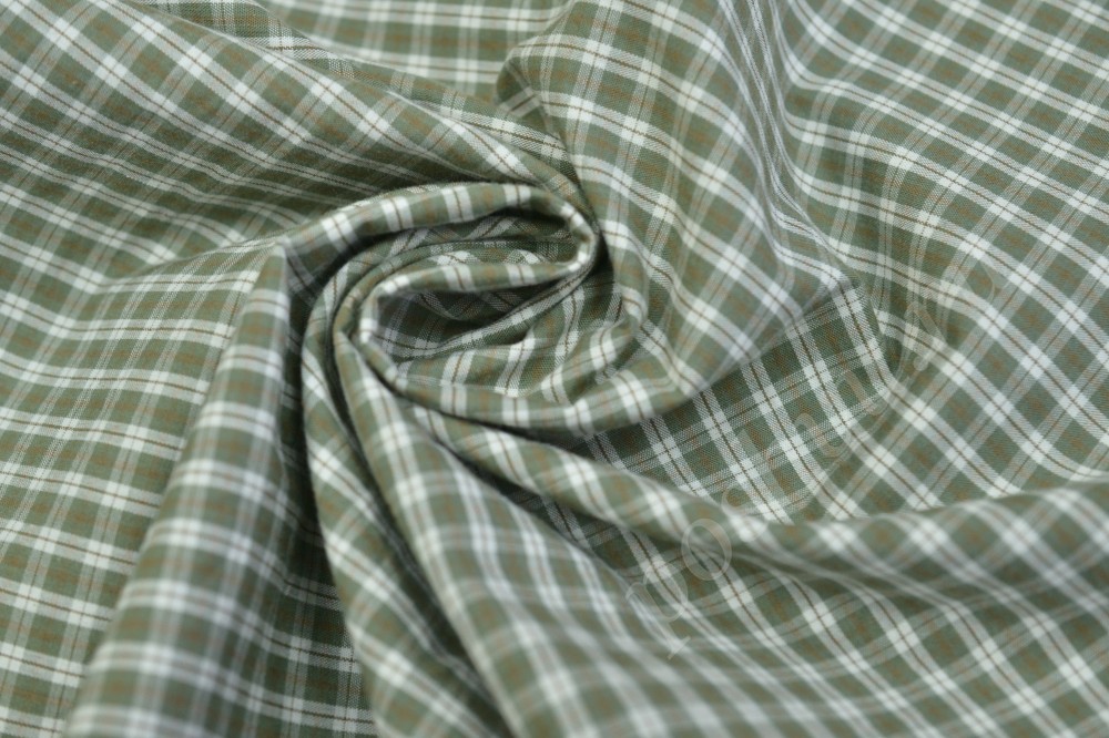 Сорочечная пестротканная ткань зеленого оттенка в  коричневую и белую полоску