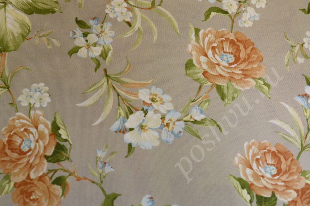Ткань для штор портьерная серо-бежевого цвета с цветочным узором