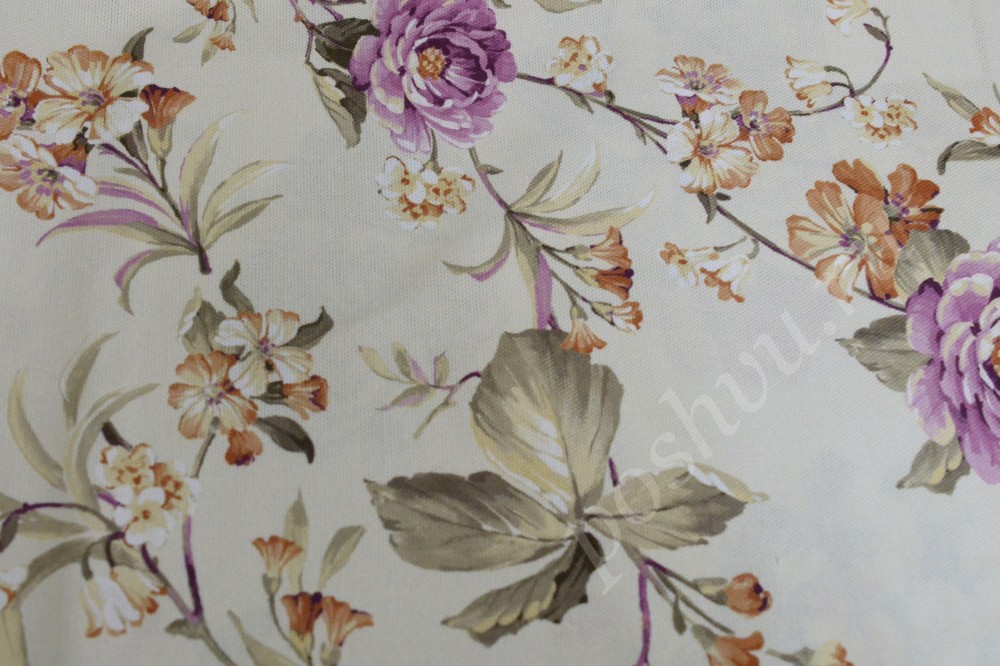 Портьерная ткань для штор белого цвета с цветочным принтом