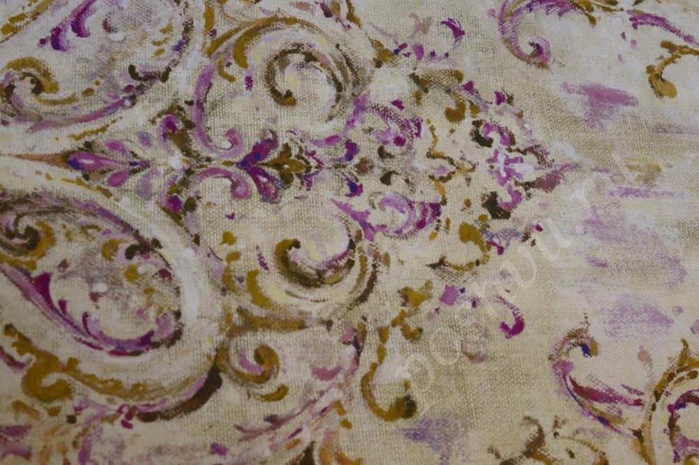 Портьерная ткань для штор бежево-пурпурного оттенка с орнаментом