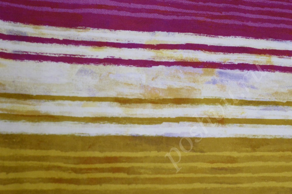 Ткань для штор портьерная в полоску пурпурного, оливкового и белого цвета