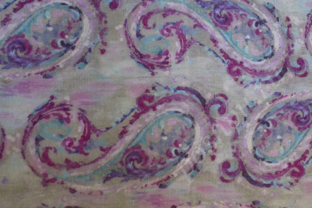 Ткань для штор тюлевая белого оттенка с пурпурно-синим  узором