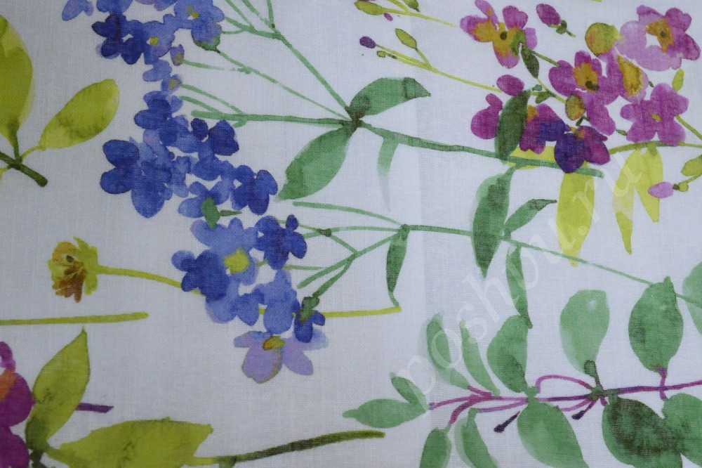 Ткань для штор тюлевая белого оттенка в цветы