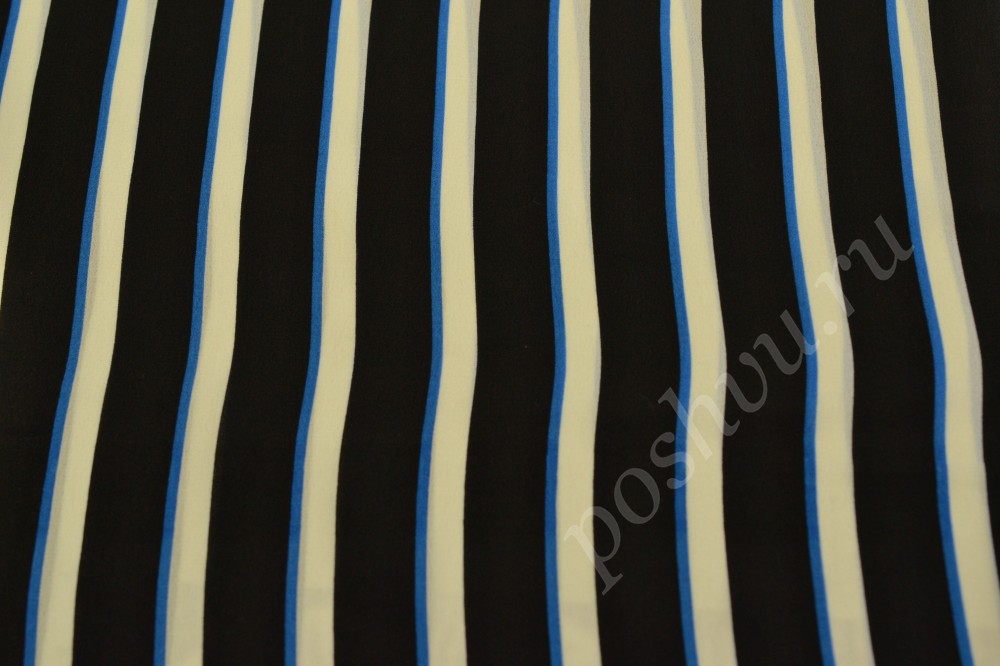 Ткань костюмная черного оттенка в белую и синюю полоску