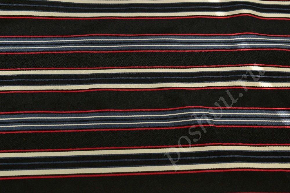 Ткань костюмная черного оттенка в синюю, белую и красную полосу