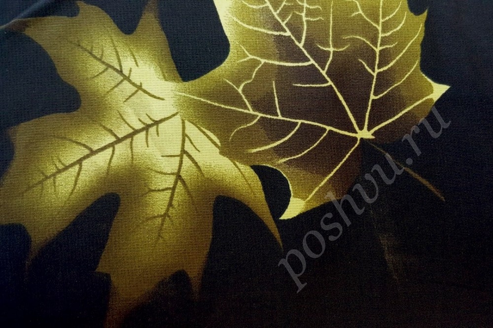 Ткань шифон набивной черного цвета в кленовых листьх