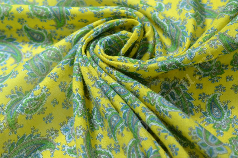 Ткань хлопок желтого оттенка в сине-зеленый узор