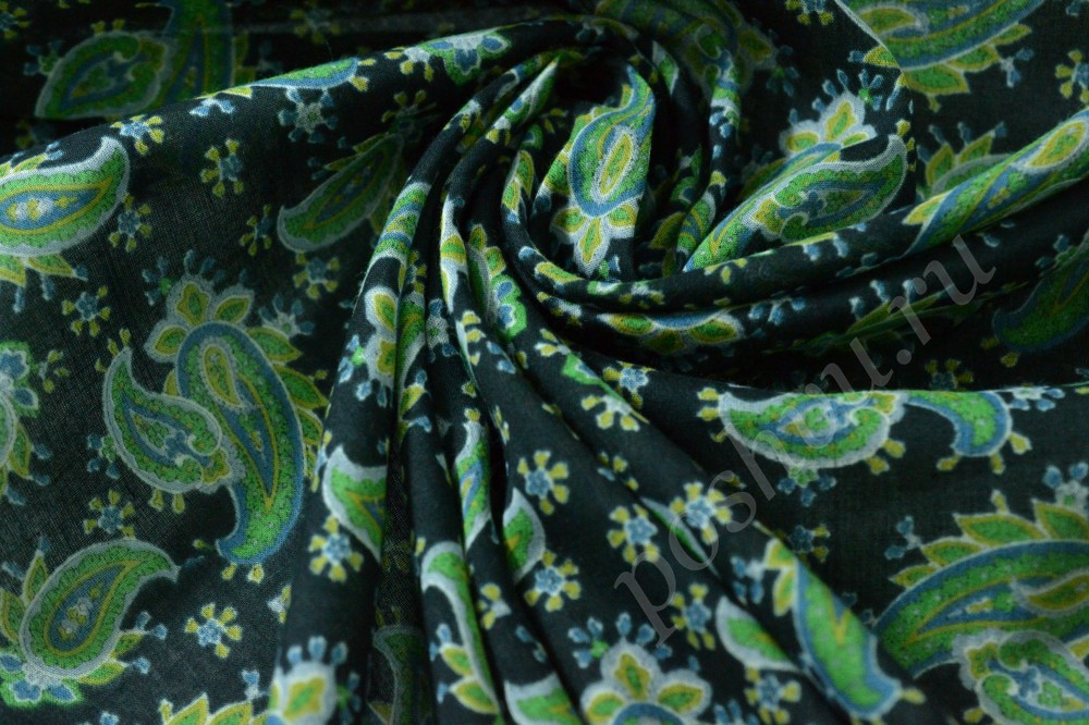Ткань хлопок темно-синего оттенка в сине-зеленый узор