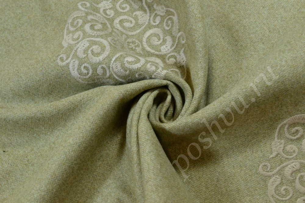 Ткань пальтовая светло-оливкового оттенка с белым узором