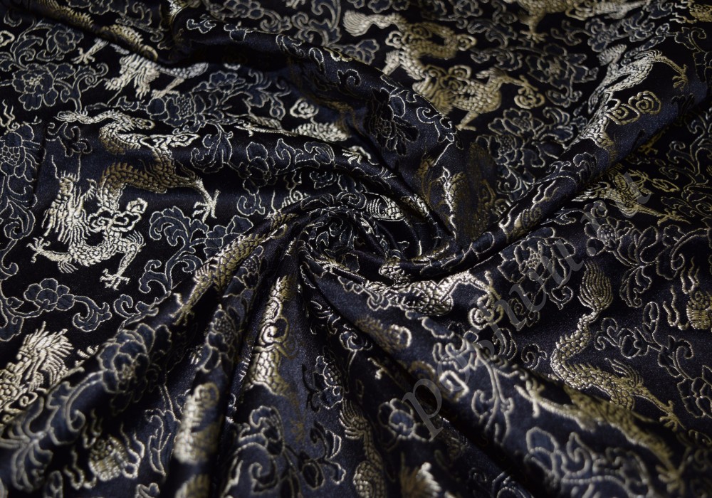 Ткань китайский шелк черный с драконами