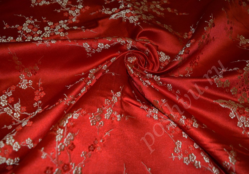 Ткань китайский шелк красный с сакурой