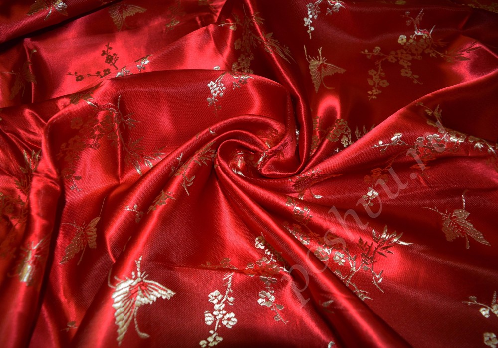 Ткань красный китайский шёлк с эффектным принтом