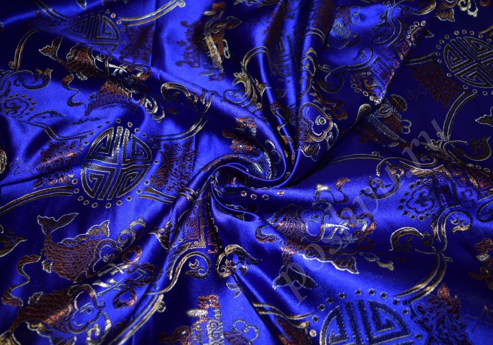 Ткань тёмно-синий китайский шёлк с цветочным принтом