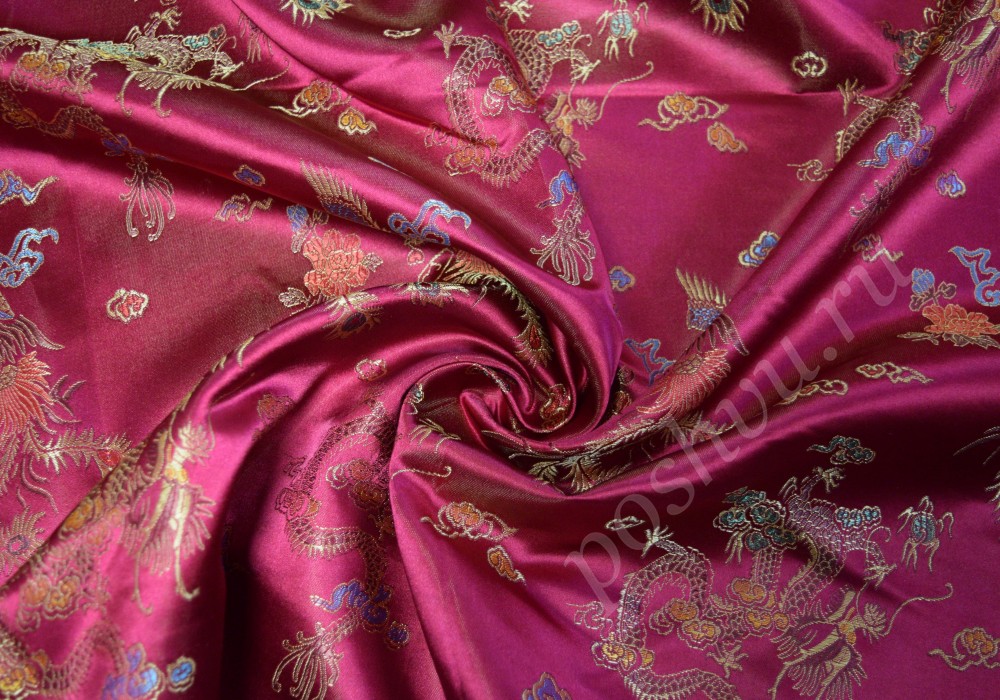 Ткань бордовый китайский шёлк с золотистым принтом