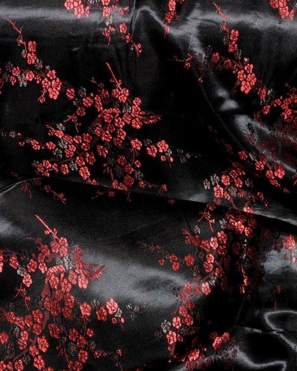 Ткань китайский шелк черный Красная сакура