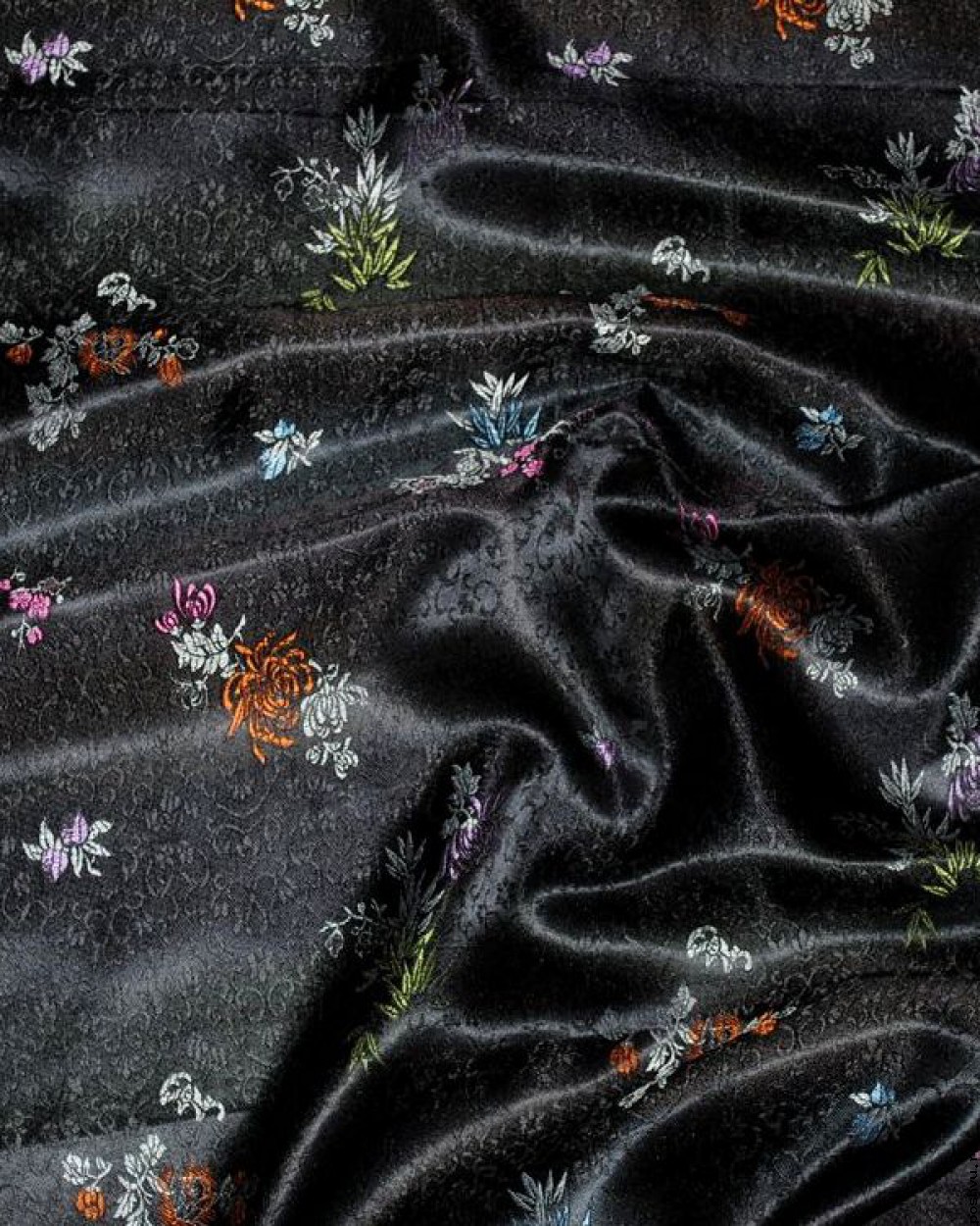Ткань китайский шелк черный Узор из листьев