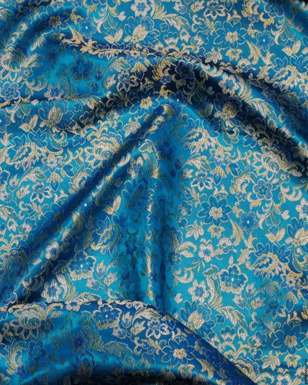 Ткань китайский шелк синий Пейсли золотой