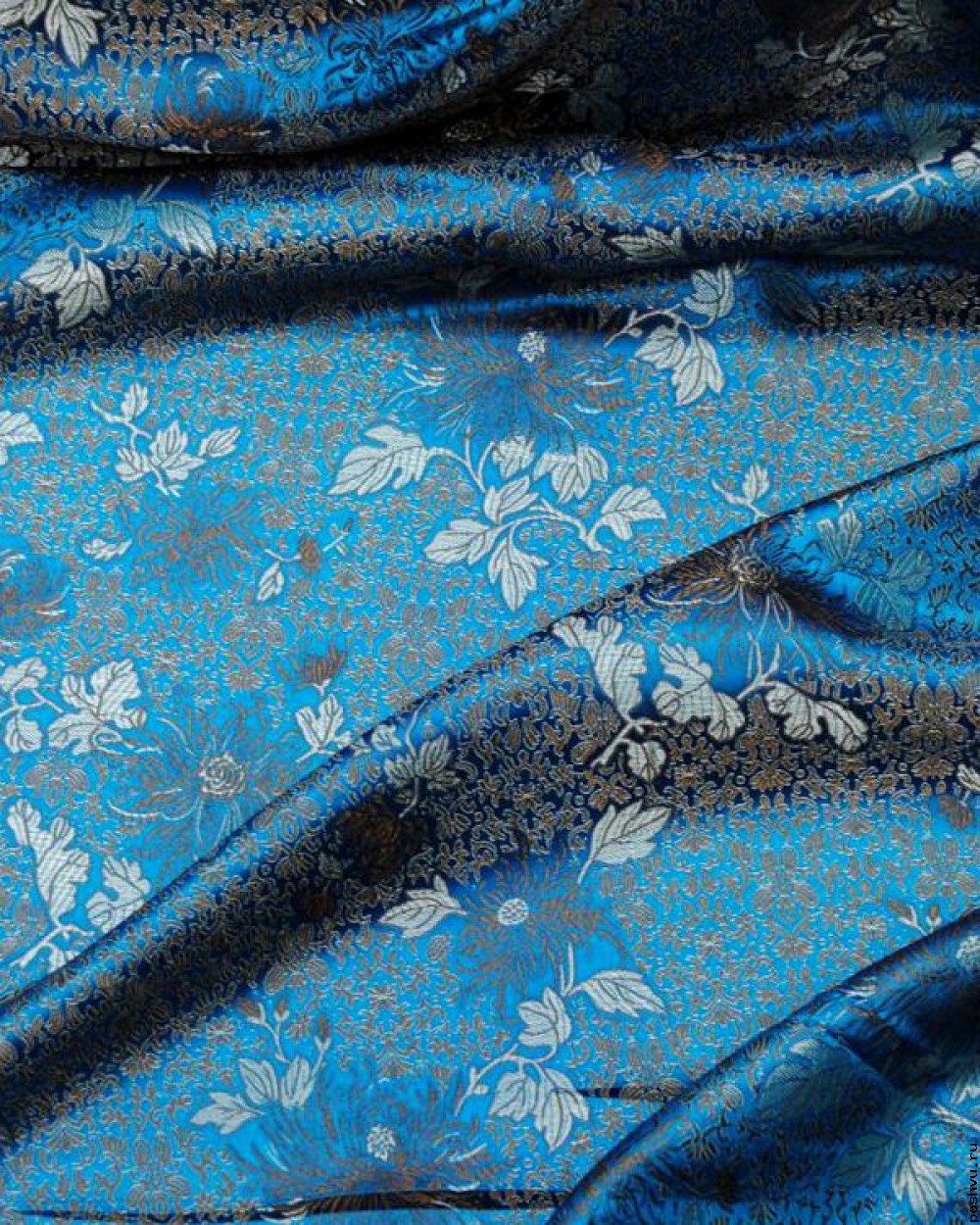 Ткань китайский шелк синий с серебром Зимний лес
