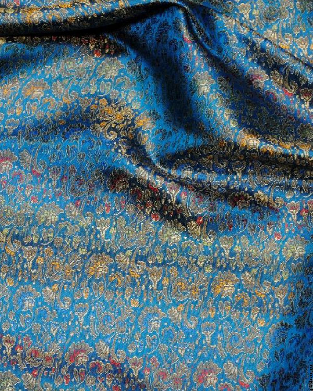Ткань китайский шелк синий Золотая роспись