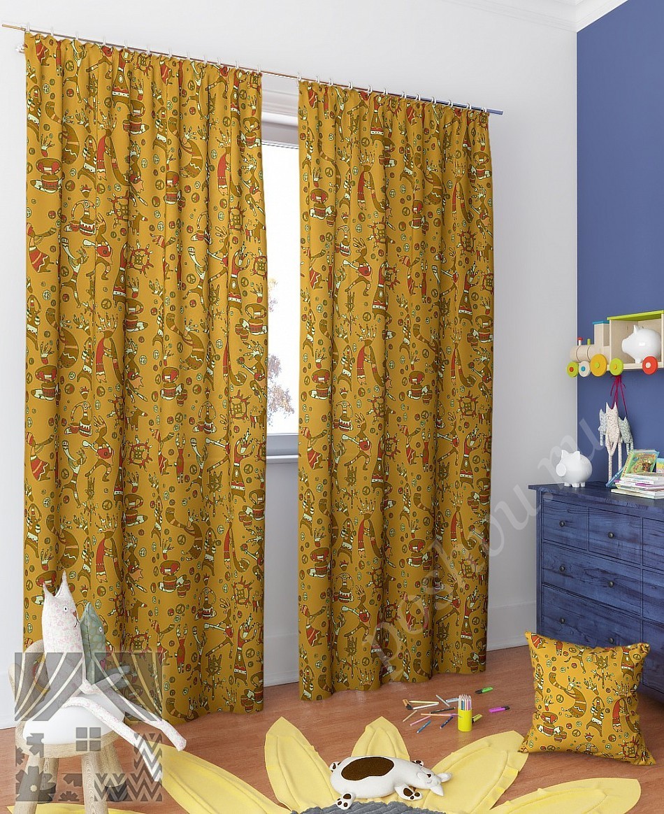 Стильный комплект в медных тонах штор для детской комнаты с веселым принтом