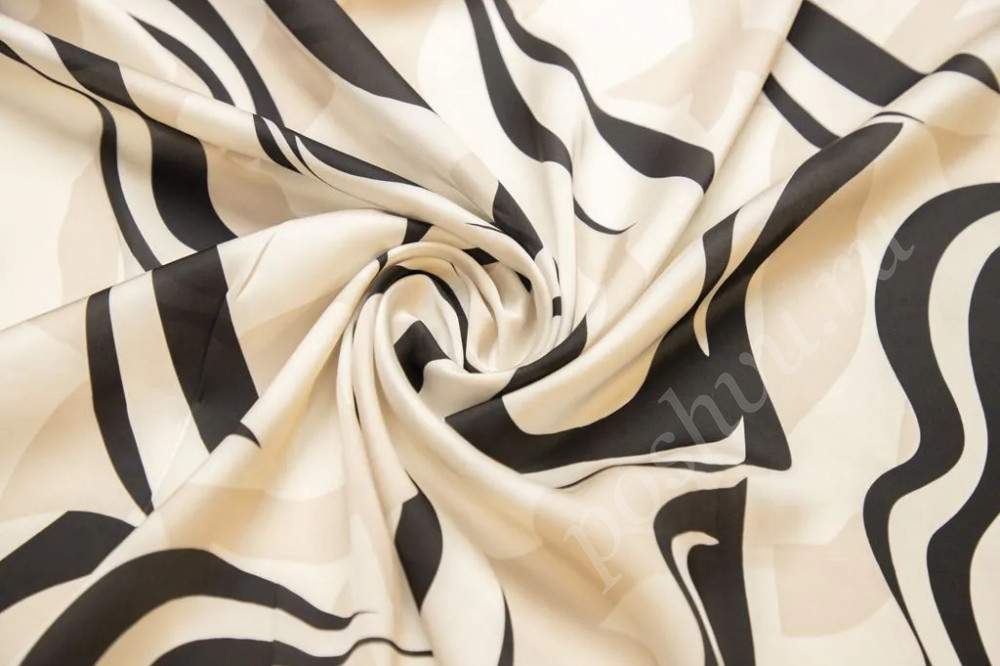 Плательная ткань с абстрактным принтом черно-бежевого цвета (130г/м2)