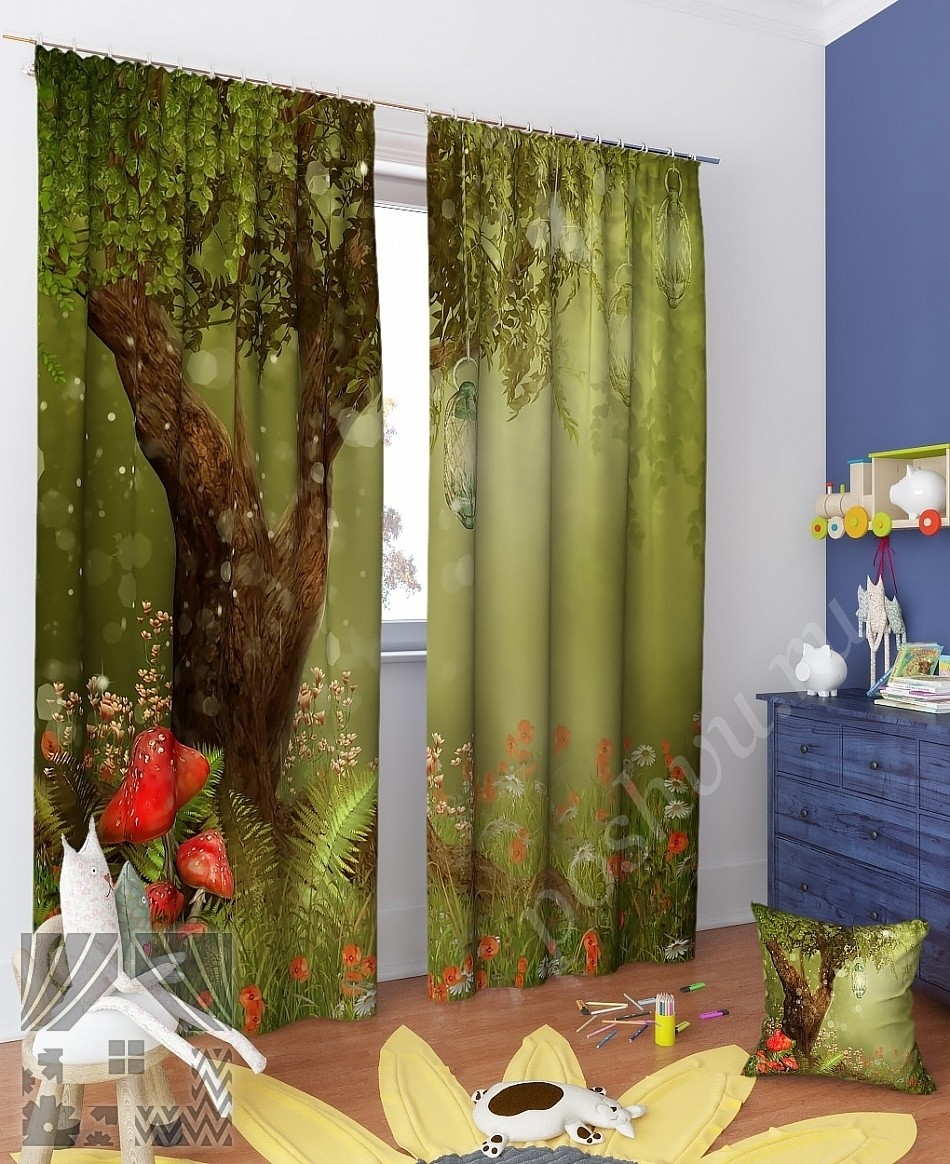 Комплект готовых фото штор с изображением летнего леса для детской