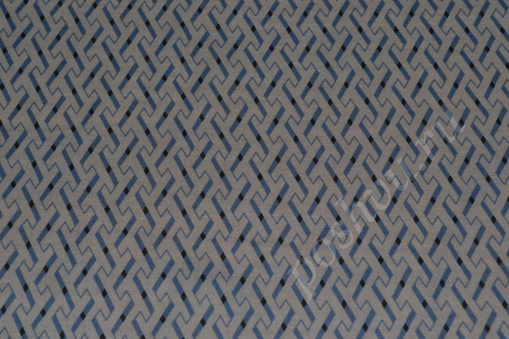 Ткань хлопок серо-бежевого оттенка с сине-черным геометрическим рисунком