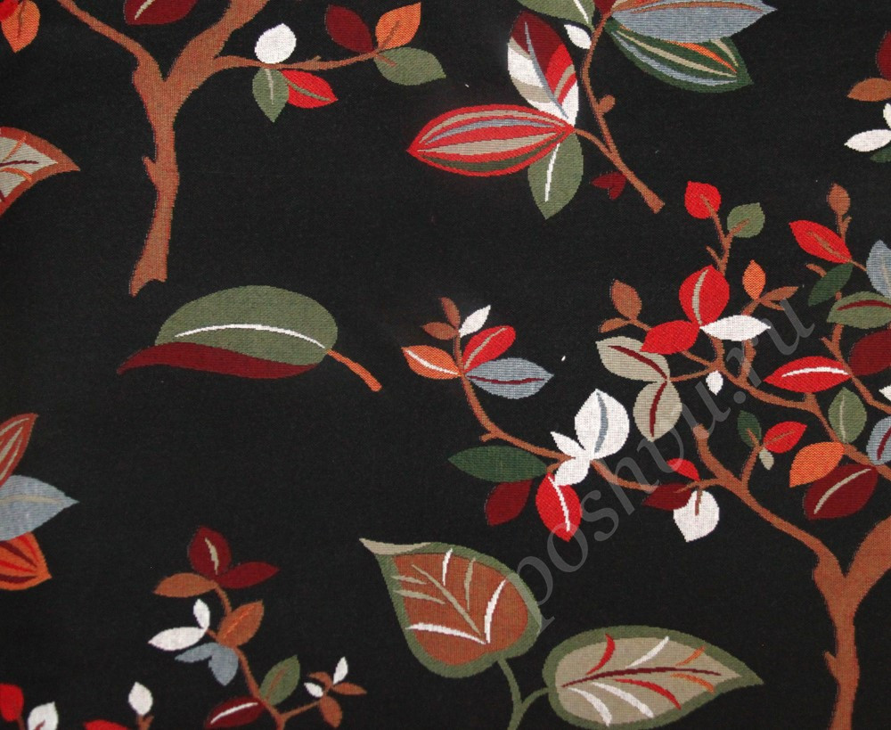 Мебельная ткань гобелен ARBOLEDA TREE деревья с оранжево-красными листьями на коричневом фоне шир.140см