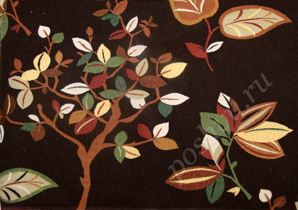 Мебельная ткань гобелен ARBOLEDA TREE деревья с зелено-желтыми листьями на коричневом фоне шир.140см