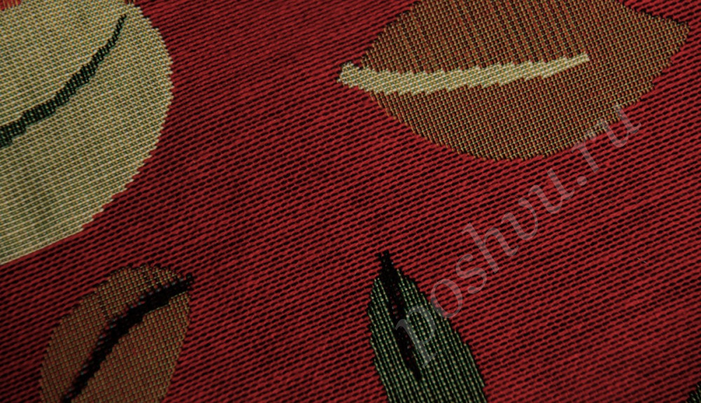 Мебельная ткань гобелен ARBOLEDA LEAF разноцветные листья на бордовом фоне шир.140см