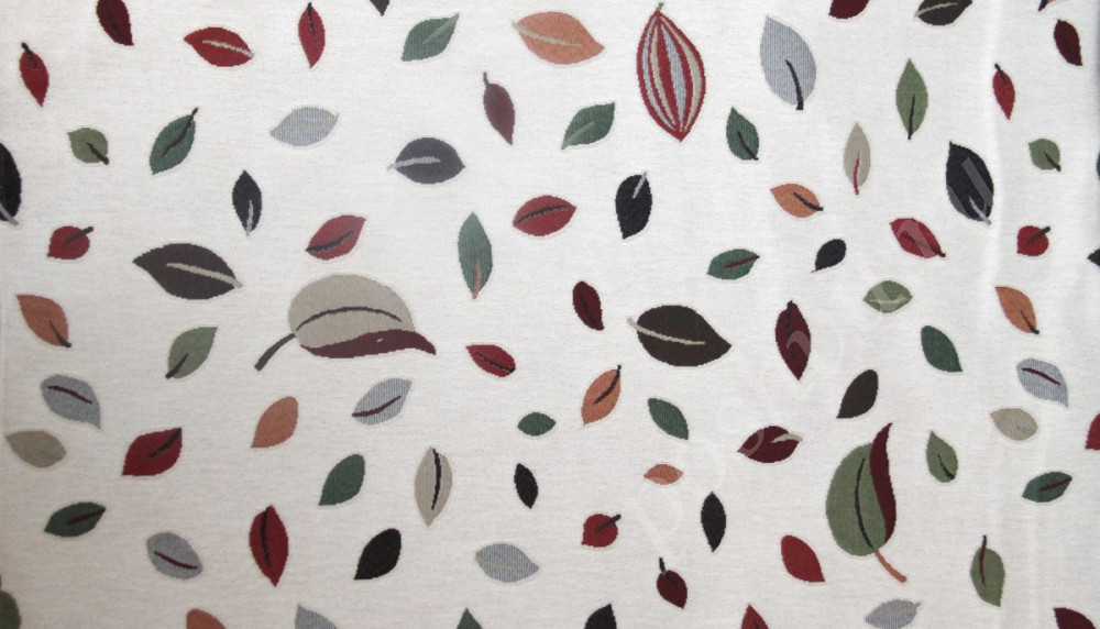 Мебельная ткань гобелен ARBOLEDA LEAF разноцветные листья на светло-бежевом фоне шир.140см