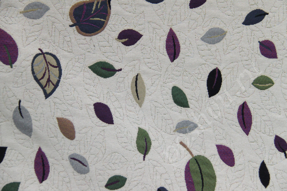 Мебельная ткань гобелен ARBOLEDA LEAF разноцветные листья на светло-сером фоне шир.140см