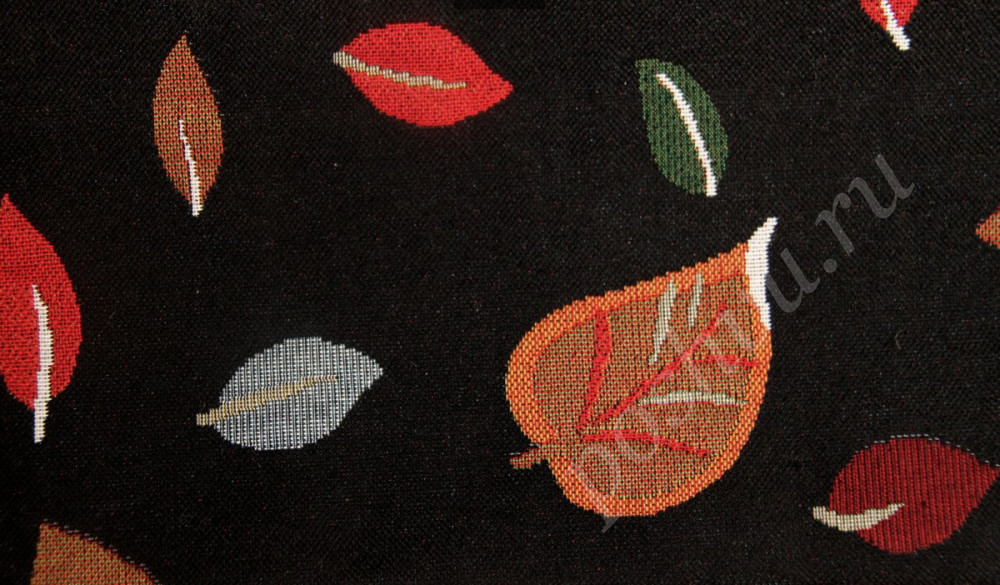 Мебельная ткань гобелен ARBOLEDA LEAF разноцветные листья на темно-коричневом фоне шир.140см