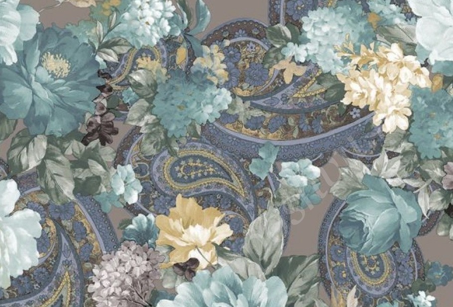 Велюр для мебели DELICIOUS с цветочным принтом Голубого цвета