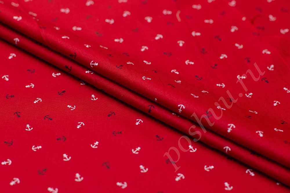 Блузочная ткань Красного цвета "Якоря"