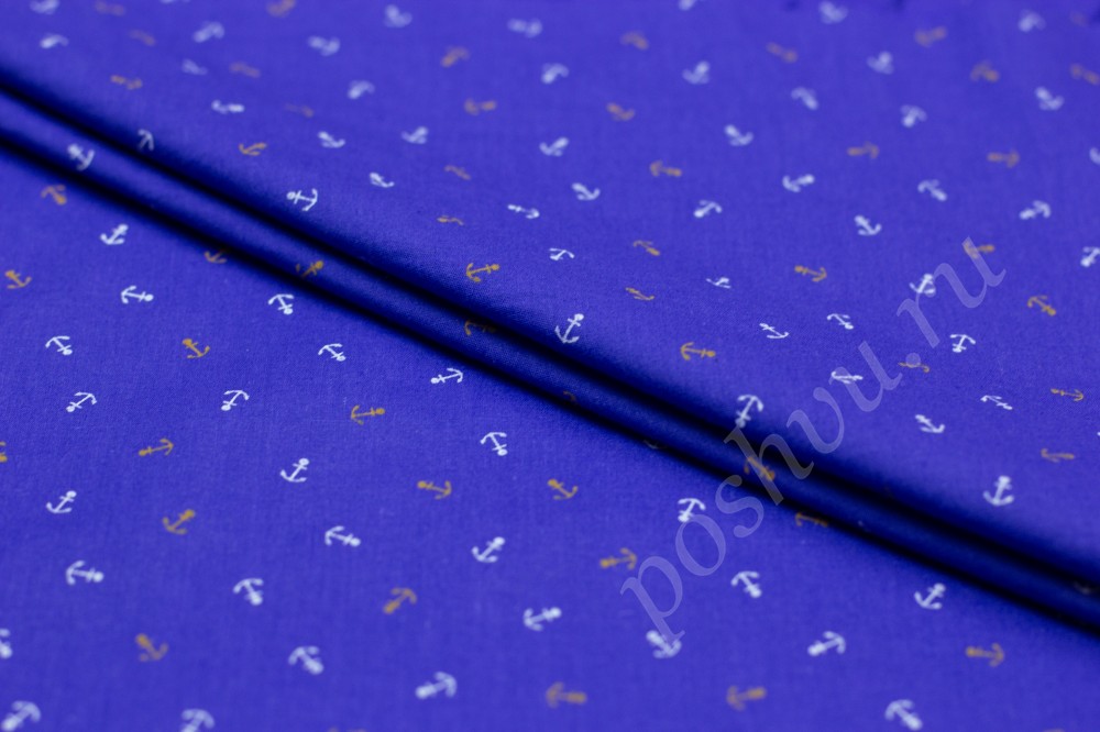 Блузочная ткань Синего цвета "Якоря"