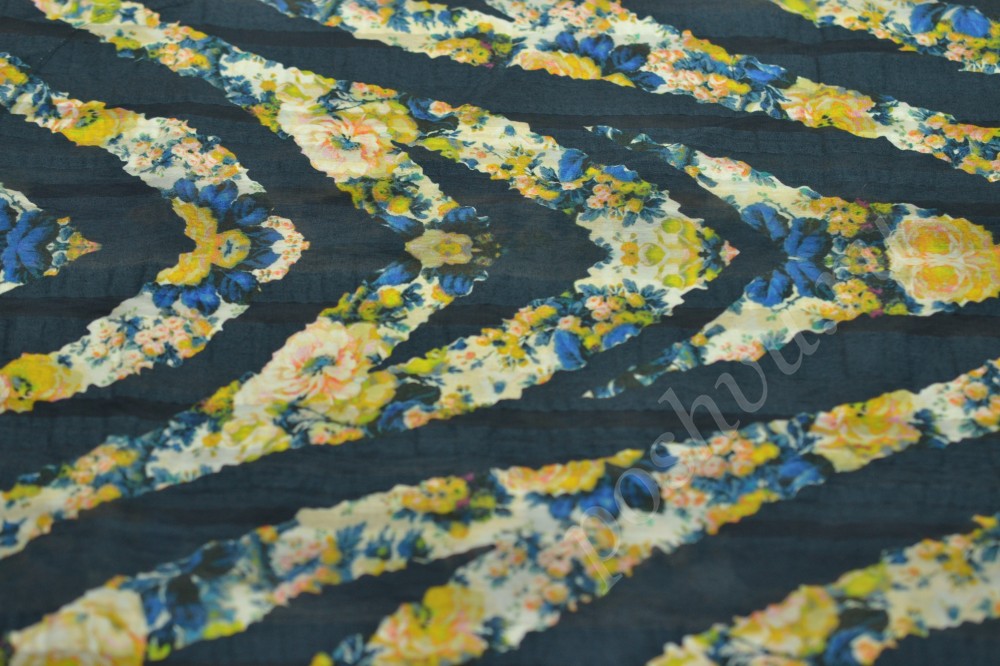 Хлопковая плательная ткань темно-синего оттенка с цветочными волнами