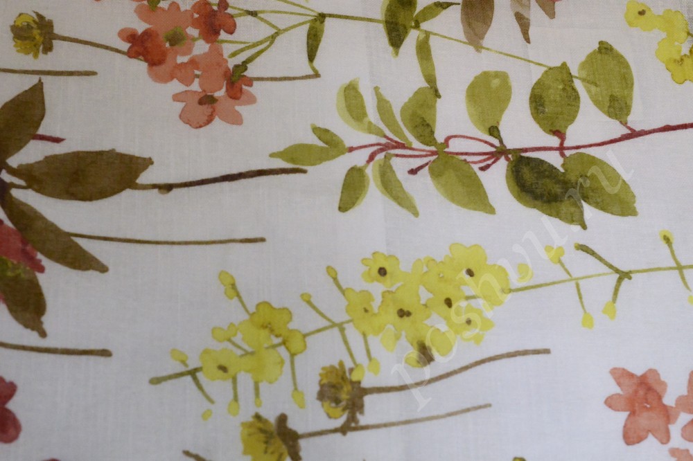 Ткань для штор тюлевая белого оттенка в красные и желтые цветы