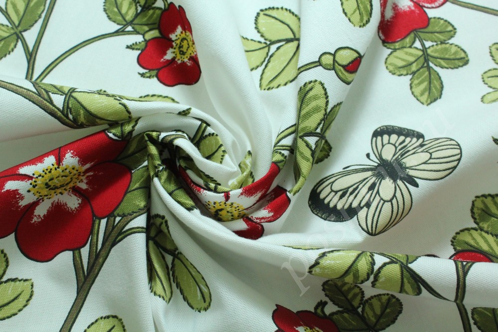 Плательно-костюмная хлопковая ткань белого оттенка в цветы и бабочки