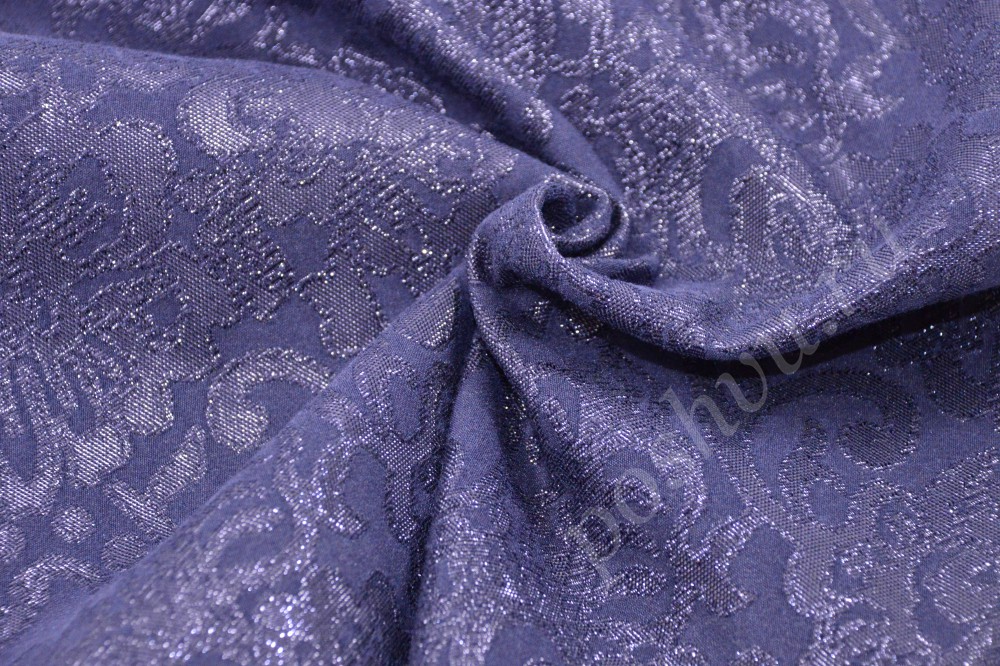 Тёмно-синяя жаккардовая ткань с серебристым цветочным принтом